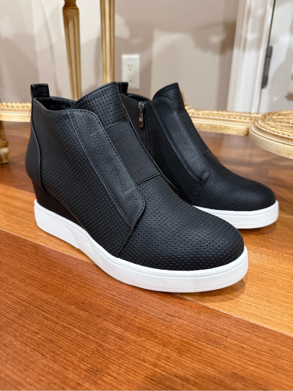 Women’s Black Wedge Bootie/Sneaker Boot with White Sole